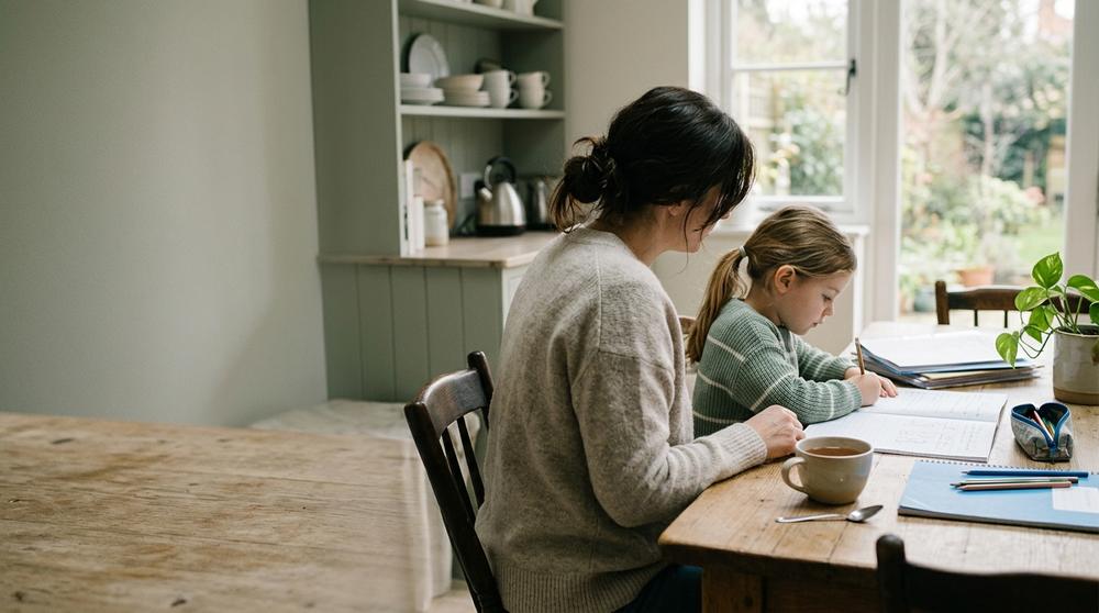 A parent and child at a kitchen table