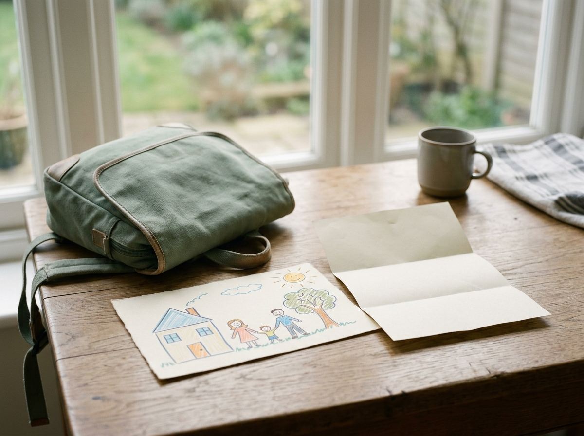 A child's school bag, a drawing of a family, and a folded letter on a kitchen table